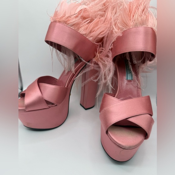 Prada Feather-trim Satin
Platform Sandals In
Geranio Pink - Picture 2 of 3